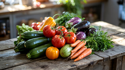 Fresh vegetables arranged on a rustic wooden table in a cozy kitchen
