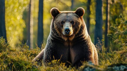 Fototapeta premium A brown bear positioned centrally in a forest.