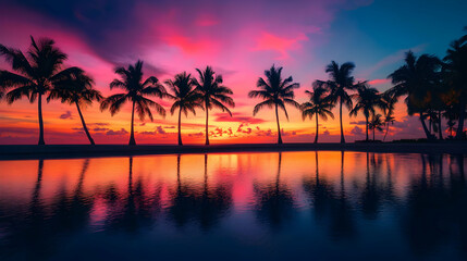 Obraz premium Stunning Sunset over Tropical Beach with Palm Trees