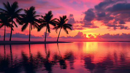 Stunning Pink Sunset over Tropical Island Beach