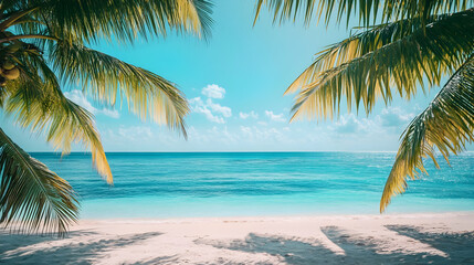 Fototapeta premium Tropical Beach Paradise: Idyllic Ocean View with Palm Trees