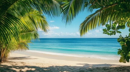 Obraz premium Tropical Beach Scene: Idyllic Ocean View with Lush Palm Trees