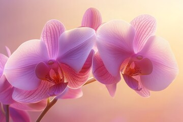 Delicate, pink orchids bloom in soft, golden light.