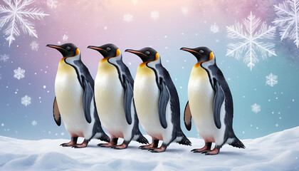 Fototapeta premium Four penguins standing in a row on snow, winter scene