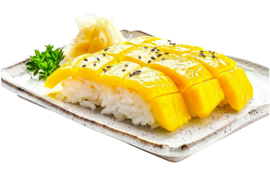 Japanese Tamago Sushi Presentation Isolated On White Background. - Powered by Adobe