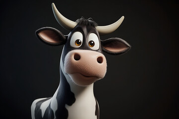 Cartoon cow character with expressive eyes and a playful demeanor against a dark background