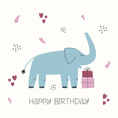 Creative greeting Birthday card with funny elephant, presents and colorful confetti. Happy Birthday card or poster template design.