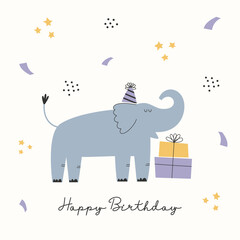 Naklejka premium Creative greeting Birthday card with funny elephant, presents and colorful confetti. Happy Birthday card or poster template design.