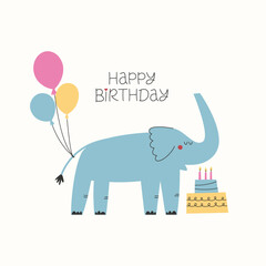 Naklejka premium Happy Birthday greeting card with cute elephant, balloons and birthday cake. Birthday card template or birthday poster template.