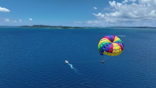 鮮やかな色のパラセーリングをドローン空撮
