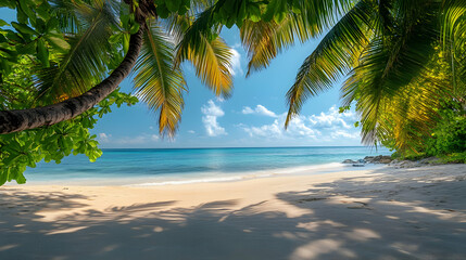 Fototapeta premium Serene Tropical Beach: Palm Trees Azure Ocean and Sunny Day Paradise