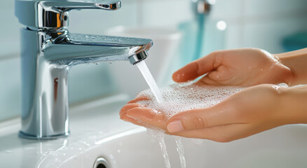 Washing hands under modern faucet with flowing water and soap bubbles, promoting hygiene and cleanliness