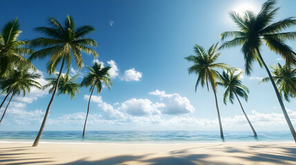 Obraz premium Tranquil Tropical Beach: Palm Trees Sunny Sky and Azure Ocean