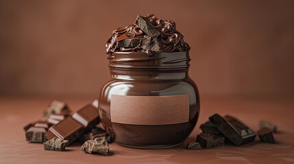 Jar of brown spread chocolate with blank label mockup on neutral brown background studio  