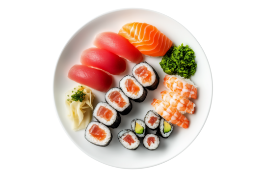 Assorted sushi set including nigiri, maki, and rolls arranged on white plate isolated on white transparent background, showcasing Japanese cuisine variety