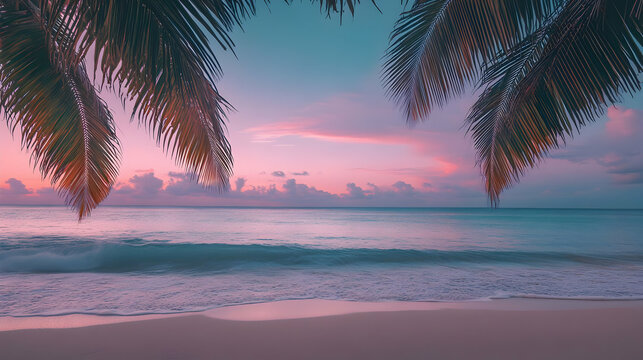 Serene Sunset on Tropical Beach: Palm Trees Ocean Waves and Pink Sky