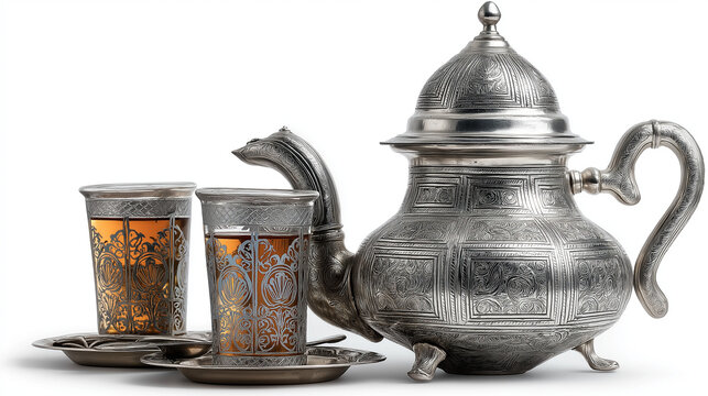 Traditionelle orientalische Teekanne mit zwei kunstvoll verzierten Gl&auml;sern auf wei&szlig;em Hintergrund. K&uuml;nstliche Intelligenz KI