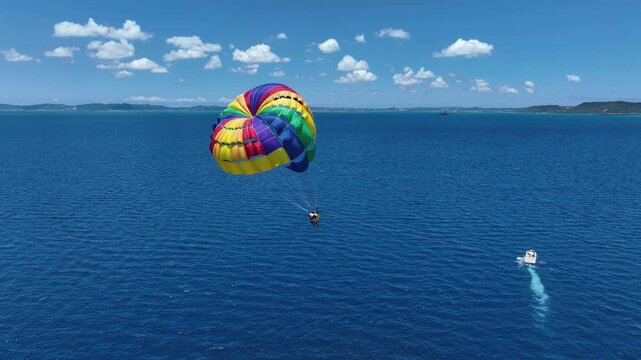 パラセーリングを空撮。マリンアクティビティ