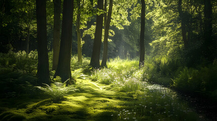 Fototapeta premium Sunlit Forest Path: A Serene Nature Escape