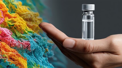 A hand delicately cradling a vial, superimposed with a vibrant abstract pattern representing molecular structures - tube science shape medicine