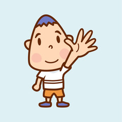 ５本の指を立て手を突き上げる男の子のイラスト／じゃんけんのパー／Illustration of a boy pointing up five fingers