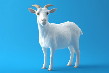 Fototapeta premium A cheerful white goat standing against a vibrant blue background, showcasing its playful nature