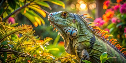 Fototapeta premium A vibrant green iguana basks in the warm sunlight, its scales shimmering with an array of colors amidst a lush tapestry of tropical foliage