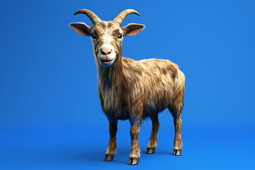 Fototapeta premium Friendly goat standing on a vibrant blue background with a cheerful expression