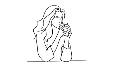 Woman drink coffee, line art drawing. Barista made tea on white background. Enjoying the moment now. Vector illustration