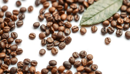 Aromatic roasted coffee beans scattered leaf delightful aroma invigorating brew