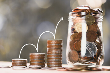 Coin stack stacking as step stair with arrow up. Ladder of success in financial investment business...