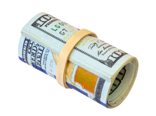 Stack of dollar banknotes tied with elastic band isolated on transparent png. Money concept