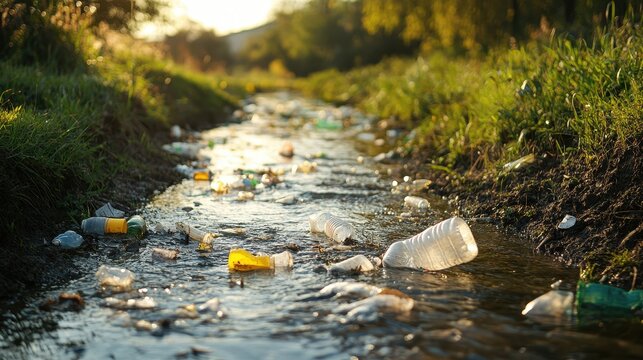 Pollution in Stream with Plastic Waste and Litter in Nature Scene