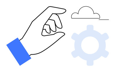 Hand making pinching gesture near cloud and gear, symbolizing innovation, technology, collaboration, and data. Ideal for teamwork, creativity, IT solutions, software cloud computing progress flat