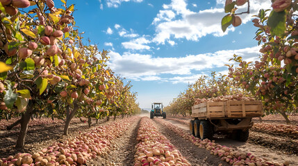 Abundant Pistachio Harvest: Tractor in a Lush Orchard