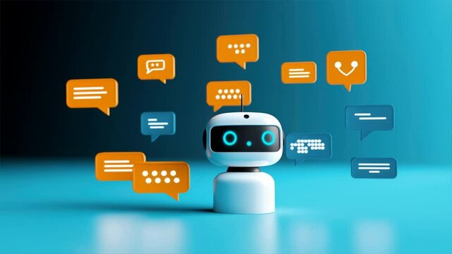 A friendly robot chatbot surrounded by colorful speech bubbles, symbolizing communication and technology.