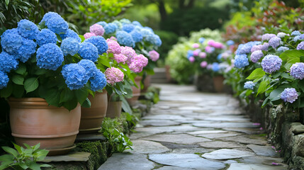 Naklejka premium Stunning Hydrangeas in terracotta pots along a stone path