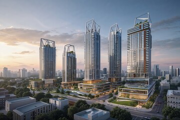 Obraz premium Innovative Urban Skyline Highlighting Sustainable Architecture and Eco-Friendly Design Principles