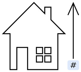 House outline with chimney, four-paned window, upward arrow indicating growth or progress, and numbered square. Ideal for real estate, home investment, development, strategy, housing building