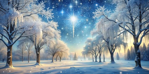 A Serene Winter Landscape Featuring Snow-Covered Trees and a Radiant Star in the Sky