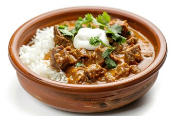 Delicious Lamb Curry with Yogurt Garnish Isolated On White Background.