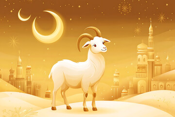 A serene white goat stands in a golden desert landscape under a crescent moon, with distant buildings