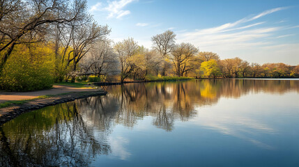Serene Spring Lake: Picturesque Reflection of Blossoming Trees