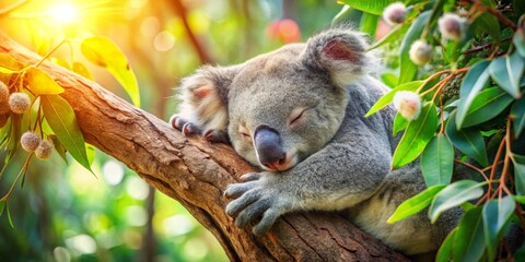 Fototapeta premium Peaceful Koala Bear Napping on a Tree Branch in Sunlight, Embracing Nature's Tranquility