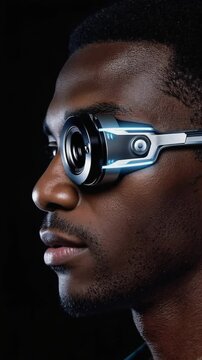 Man with camera lens implanted in eye capturing images silently. Privacy themes, close-up shot, black background.

