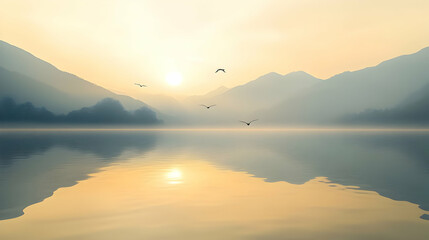 Fototapeta premium Sunrise over Misty Mountain Lake: A Serene Landscape