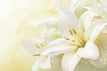 Fototapeta premium Delicate white lilies with water droplets.