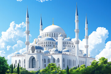 Obraz premium Majestic mosque with towering minarets under a bright blue sky surrounded by lush greenery