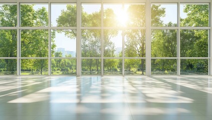 Modern interior with large windows and park views