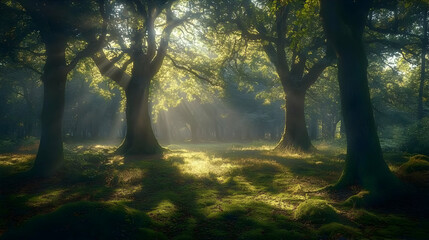 Obraz premium Sunbeams in the Forest: A Peaceful Nature Scene